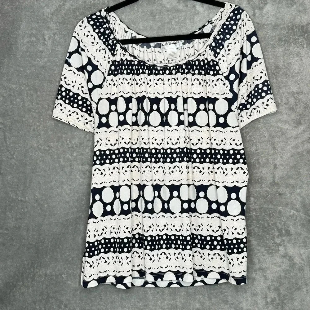 CD Daniels 2X Shirt Top White Striped Short Sleeve Scoop Neck Stretch Casual